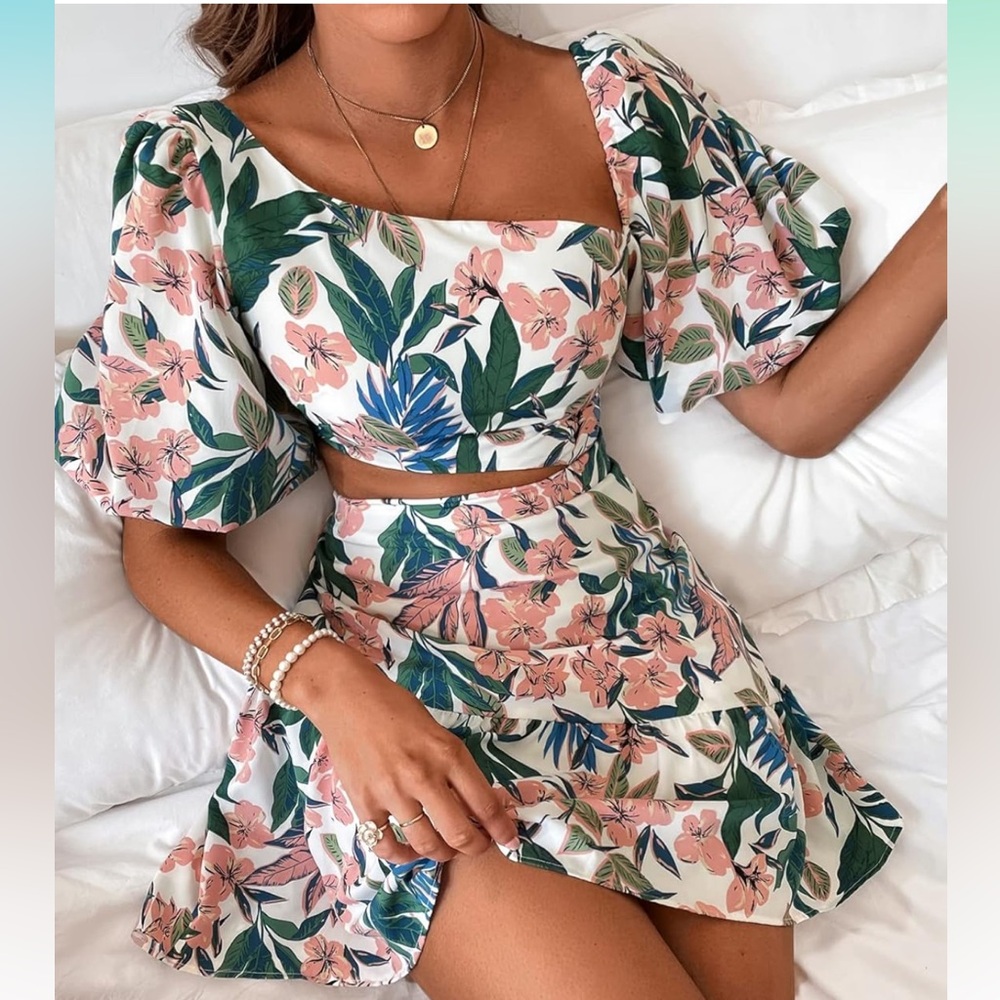 Cream Tie Front Sundress with Puff Sleeves